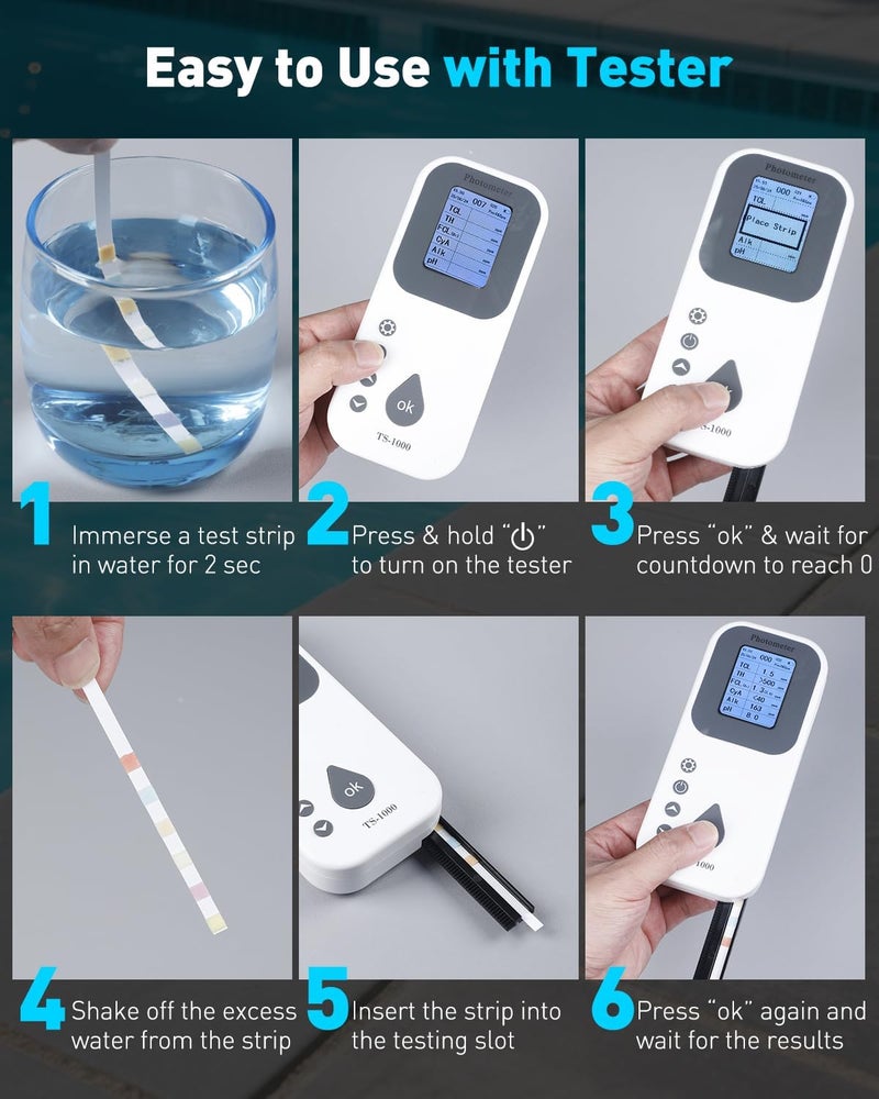 Pawfly 100 Pcs Pool Test Strips 7 in 1 Digital Water Testing Kit, Spa & Hot Tub Test Strips for pH, Total Hardness, Total Chlorine, Free Chlorine, Total Alkalinity, Cyanuric Acid & Bromine - Image 4